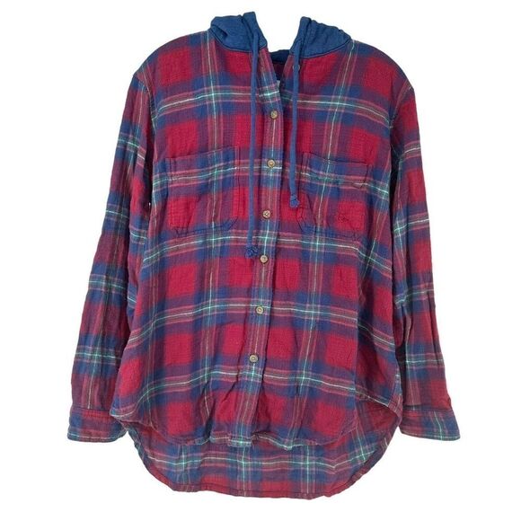 American Eagle Oversized Hooded Flannel Size S Red Blue Plaid Distressed Grunge - Picture 1 of 11